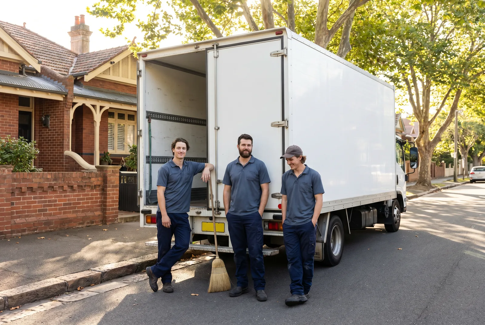 Three crew members standing relaxed beside the open tailgate of an unmarked white truck