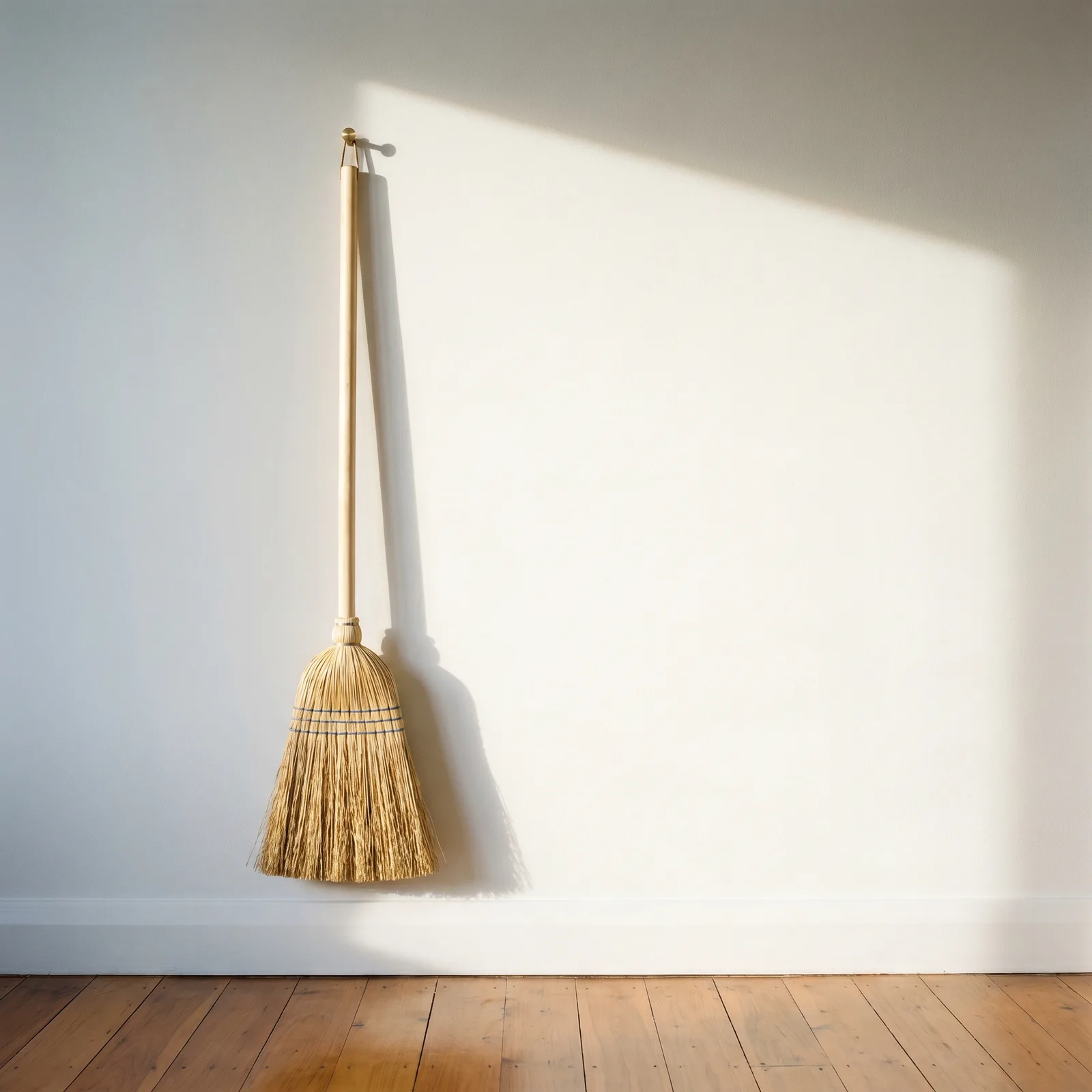 A corn broom hung from a brass nail on a freshly painted wall above swept floorboards