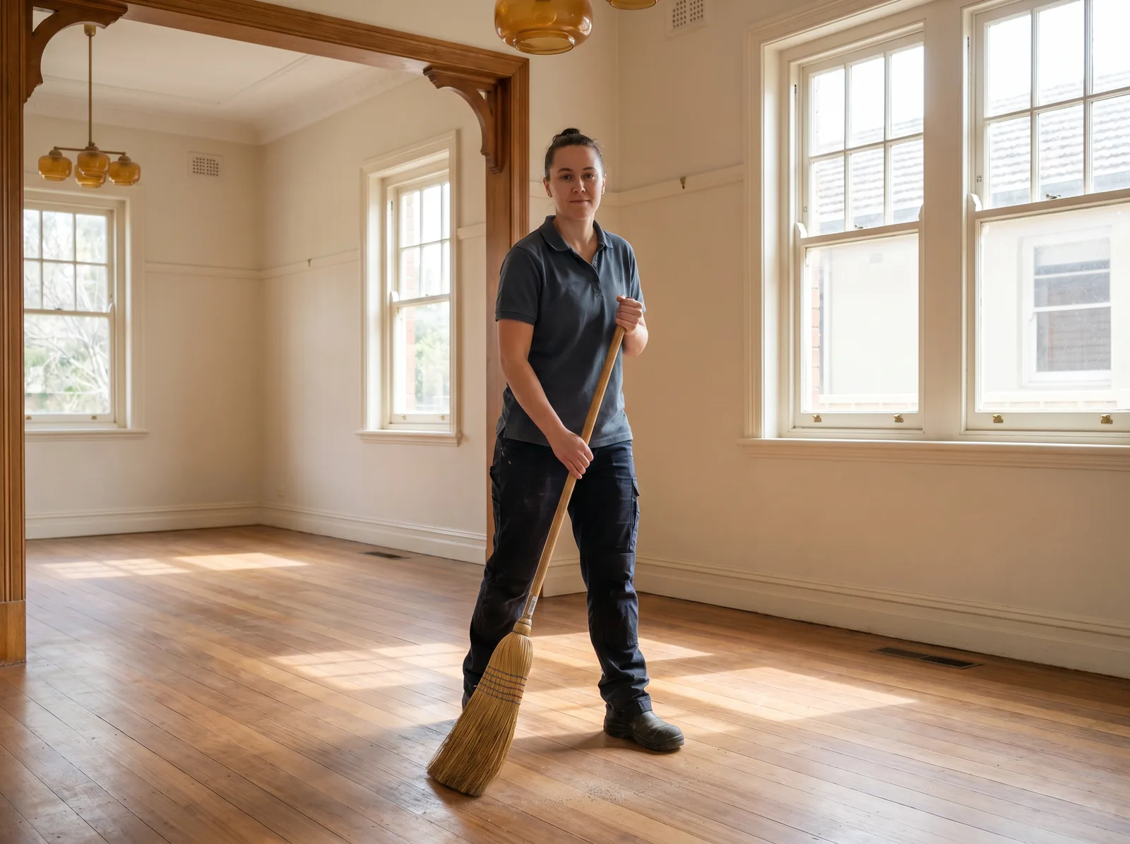 A crew member sweeping the floorboards of an emptied dining room