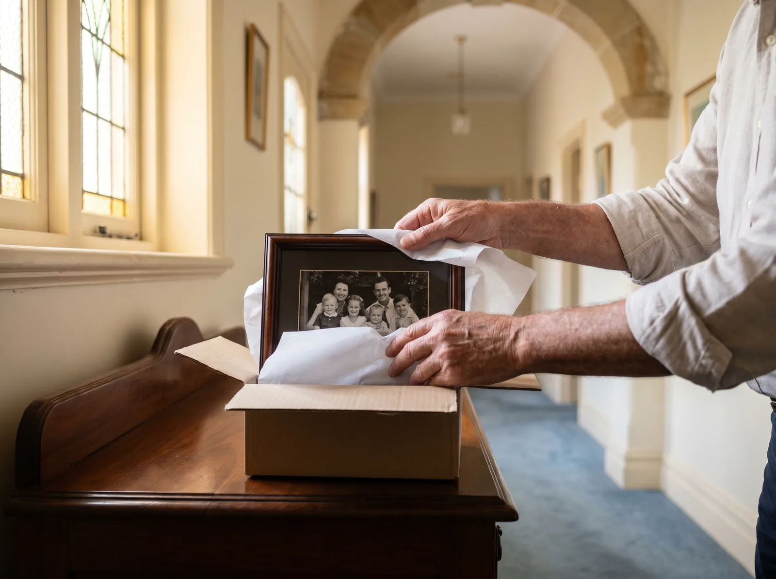Careful hands wrapping a framed family photograph and setting it into a small carton