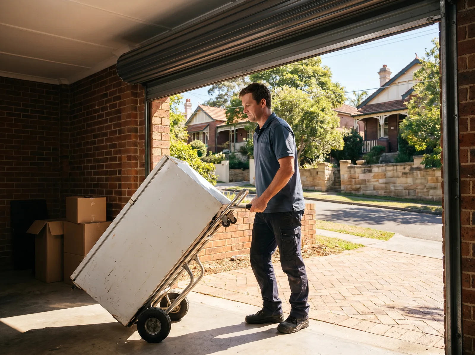 A crew member wheeling an old fridge out of a garage on a hand trolley