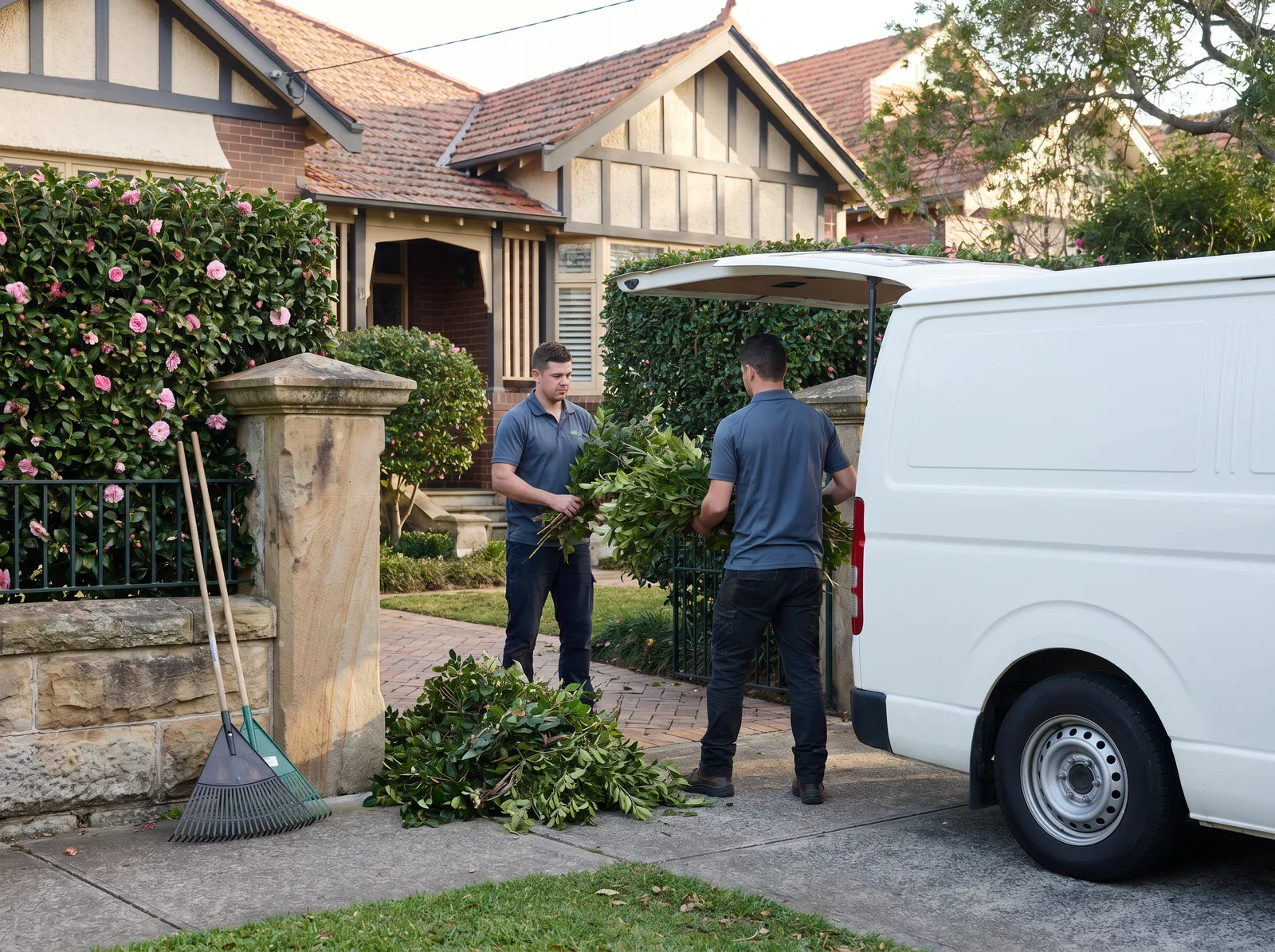 Two crew loading hedge prunings into a white van beside a camellia hedge