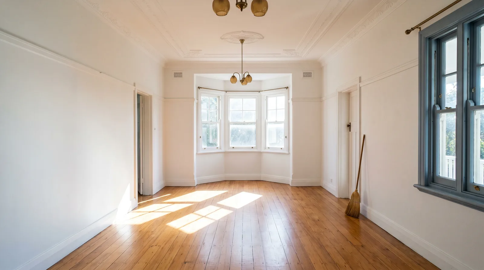 An emptied, swept federation living room with morning sun across the floorboards