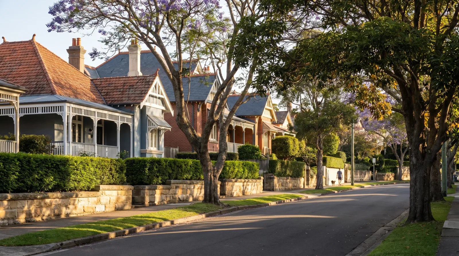 A leafy Mosman ridge street of federation houses with sandstone retaining walls