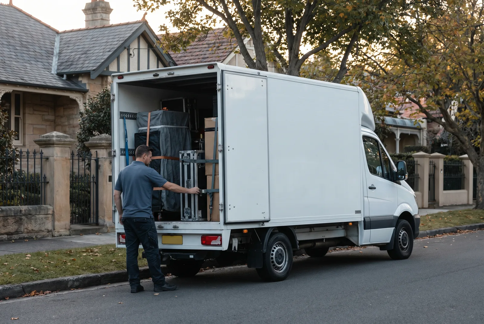 An unmarked white van at the kerb with a neatly loaded and strapped interior